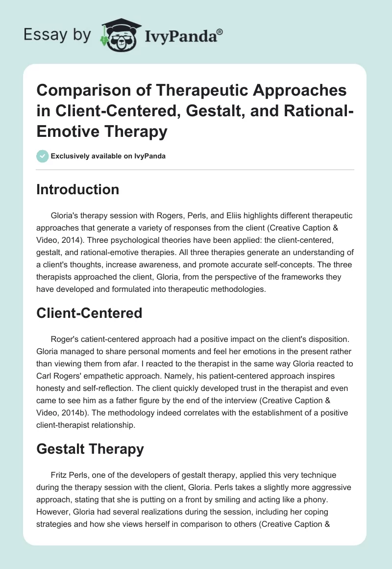 Comparison of Therapeutic Approaches in Client-Centered, Gestalt, and Rational-Emotive Therapy. Page 1
