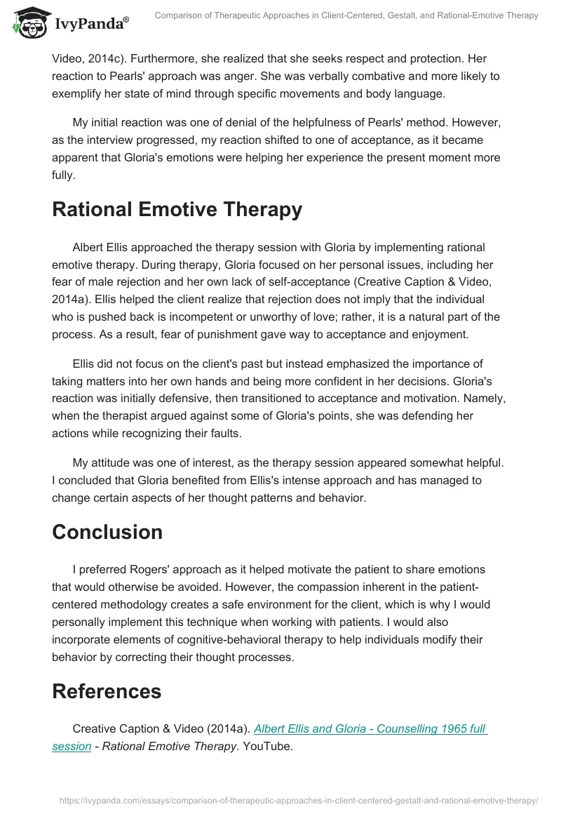 Comparison of Therapeutic Approaches in Client-Centered, Gestalt, and Rational-Emotive Therapy. Page 2