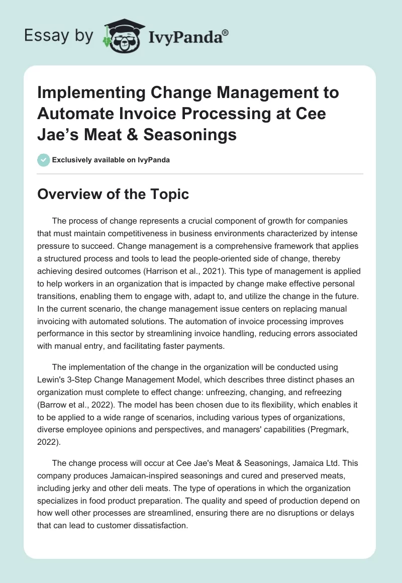 Implementing Change Management to Automate Invoice Processing at Cee Jae’s Meat & Seasonings. Page 1