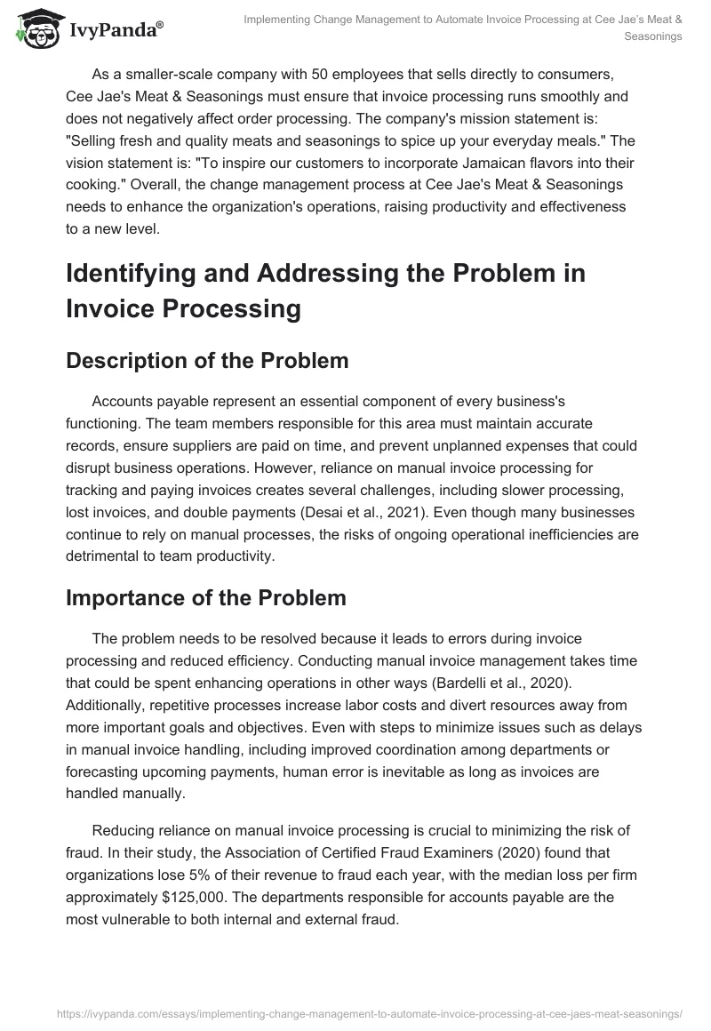 Implementing Change Management to Automate Invoice Processing at Cee Jae’s Meat & Seasonings. Page 2