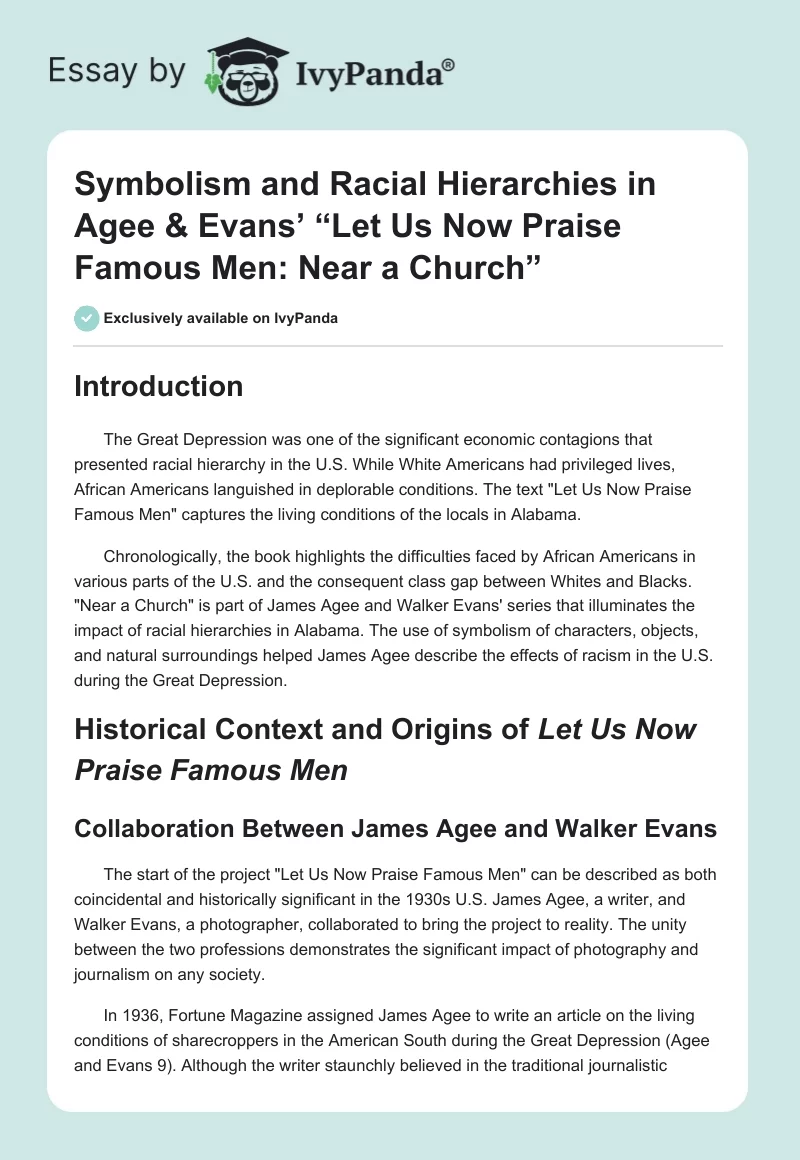 Symbolism and Racial Hierarchies in Agee & Evans’ “Let Us Now Praise Famous Men: Near a Church”. Page 1