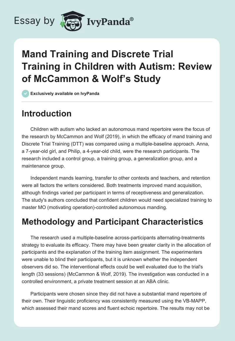 Mand Training and Discrete Trial Training in Children with Autism: Review of McCammon & Wolf’s Study. Page 1