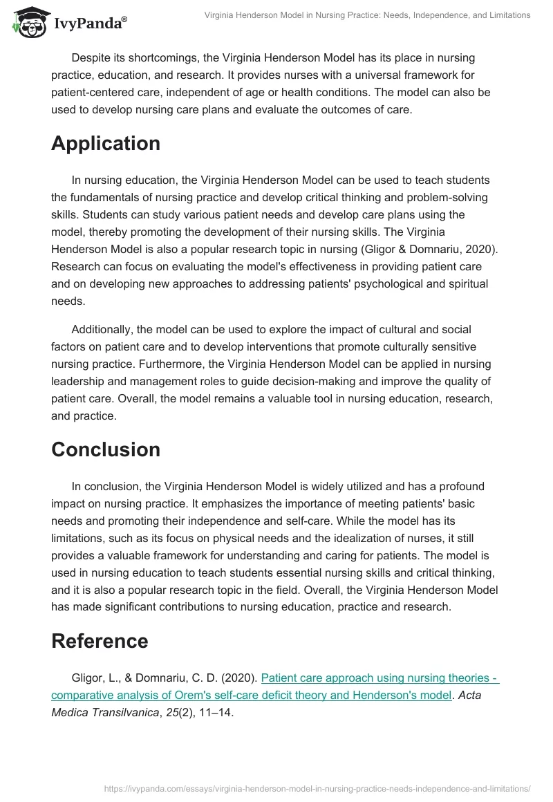 Virginia Henderson Model in Nursing Practice: Needs, Independence, and Limitations. Page 2