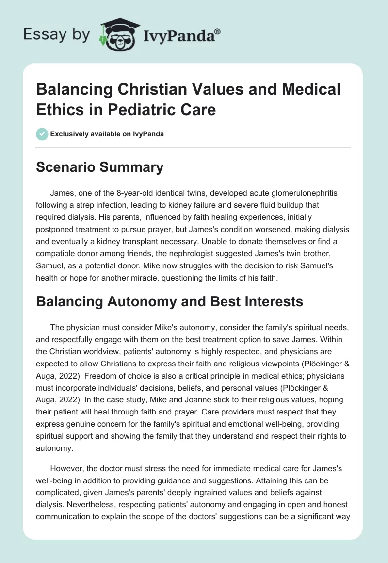 Balancing Christian Values and Medical Ethics in Pediatric Care. Page 1