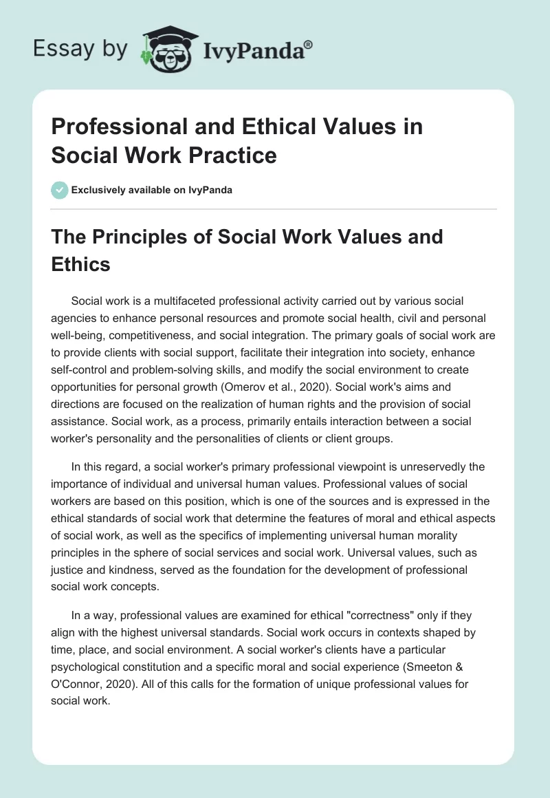 Professional and Ethical Values in Social Work Practice. Page 1