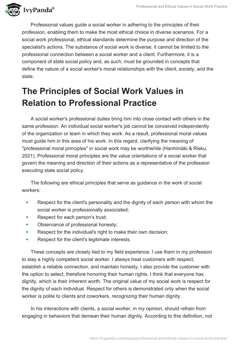 Professional and Ethical Values in Social Work Practice. Page 2