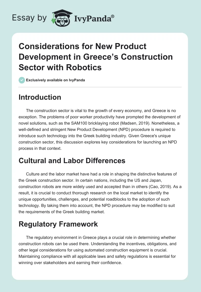 Considerations for New Product Development in Greece’s Construction Sector with Robotics. Page 1
