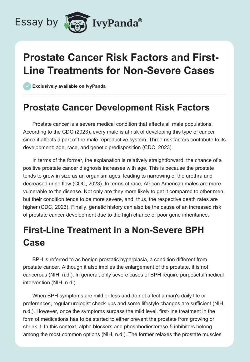 Prostate Cancer Risk Factors and First-Line Treatments for Non-Severe Cases. Page 1