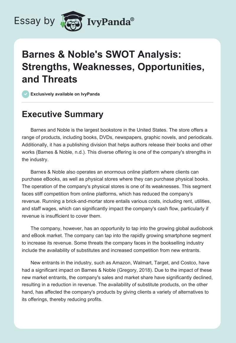 Barnes & Noble's SWOT Analysis: Strengths, Weaknesses, Opportunities, and Threats. Page 1