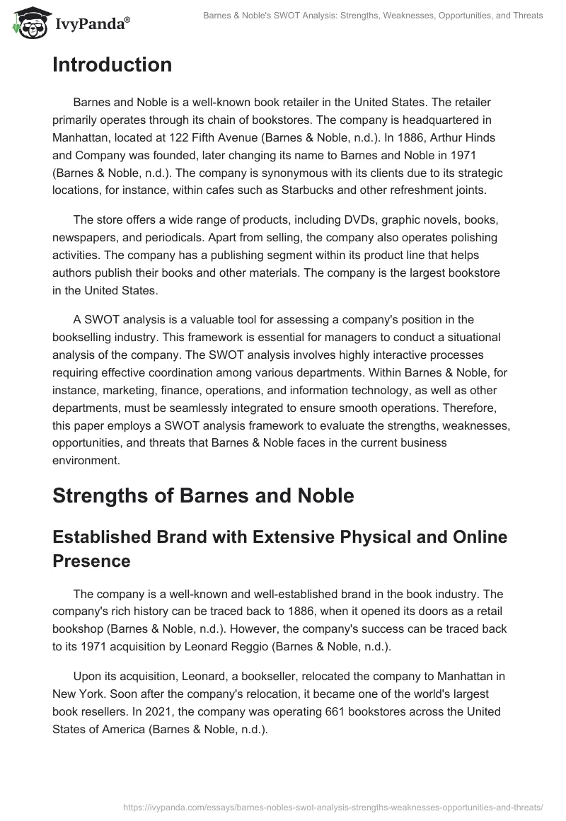 Barnes & Noble's SWOT Analysis: Strengths, Weaknesses, Opportunities, and Threats. Page 2