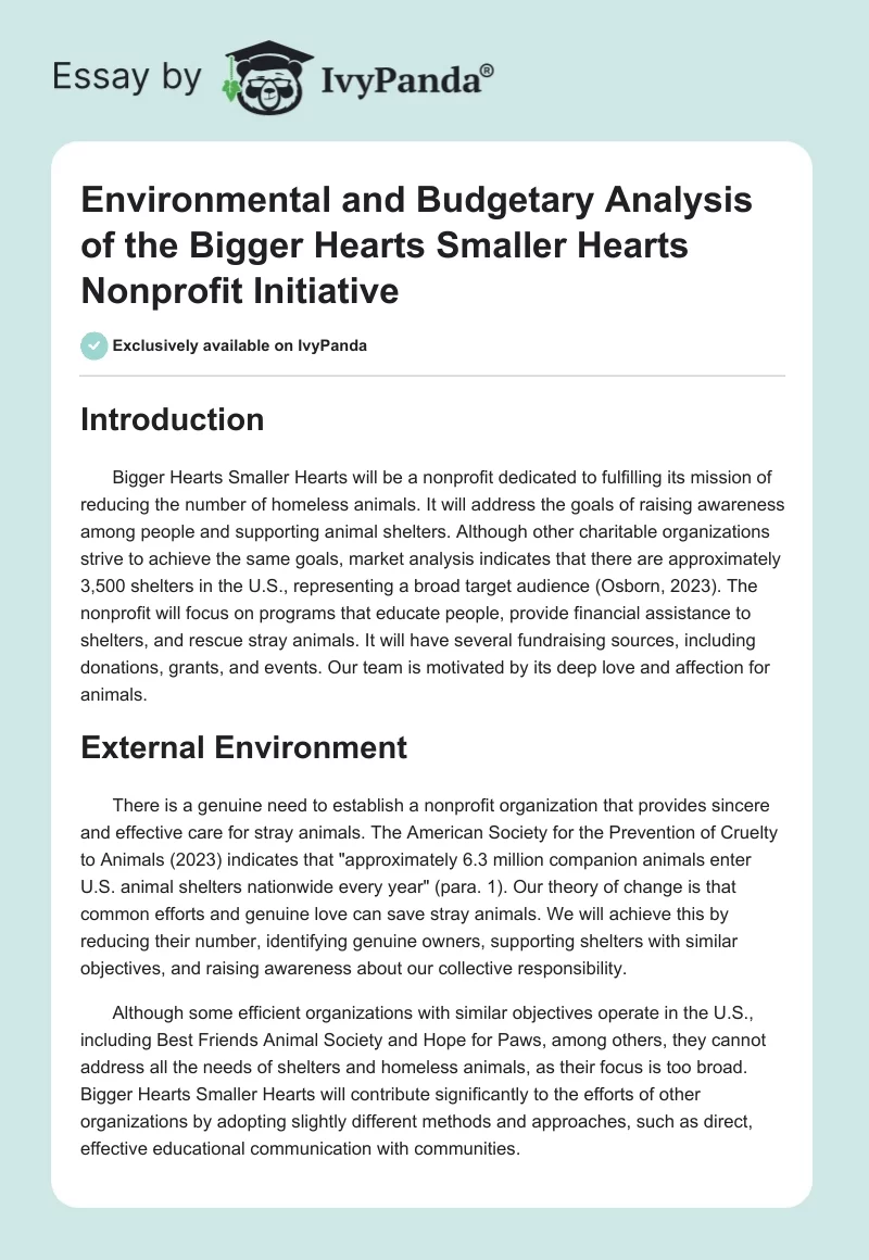 Environmental and Budgetary Analysis of the Bigger Hearts Smaller Hearts Nonprofit Initiative. Page 1