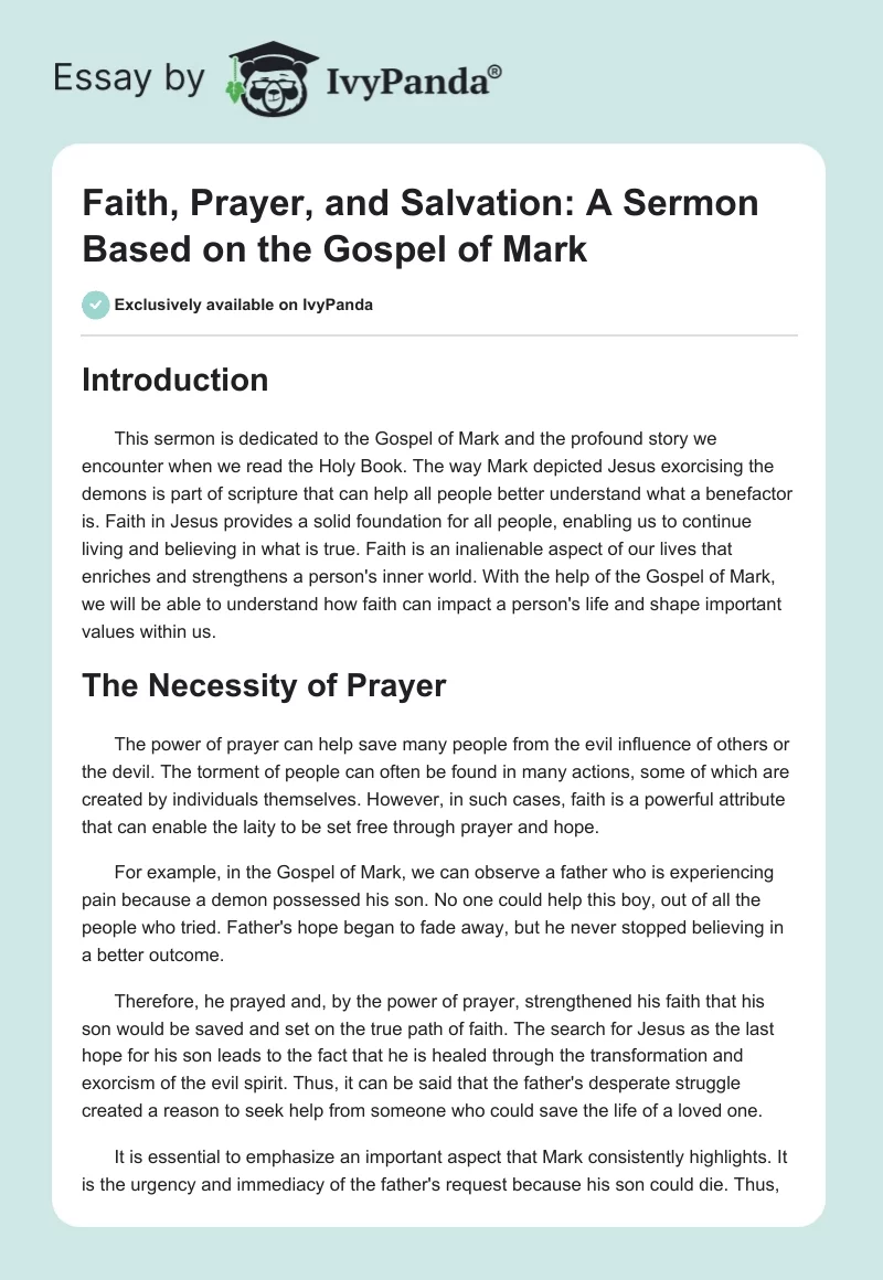 Faith, Prayer, and Salvation: A Sermon Based on the Gospel of Mark. Page 1