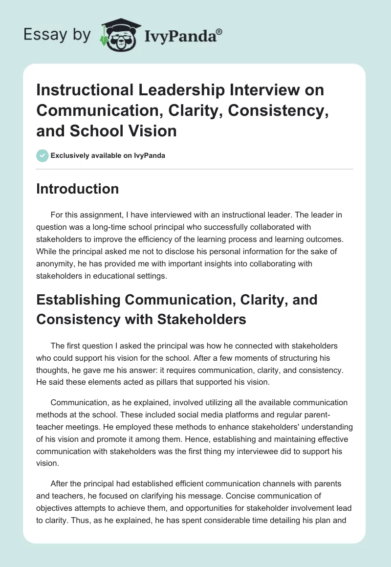 Instructional Leadership Interview on Communication, Clarity, Consistency, and School Vision. Page 1