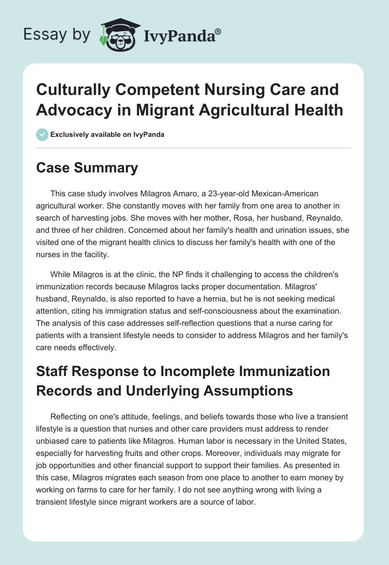 Culturally Competent Nursing Care and Advocacy in Migrant Agricultural Health. Page 1