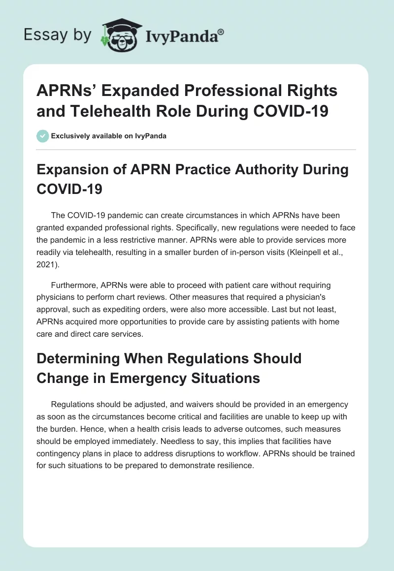 APRNs’ Expanded Professional Rights and Telehealth Role During COVID-19. Page 1