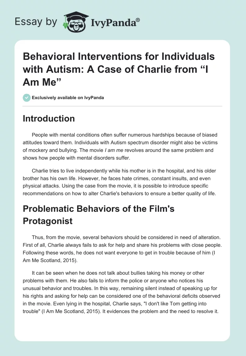 Behavioral Interventions for Individuals with Autism: A Case of Charlie from “I Am Me”. Page 1