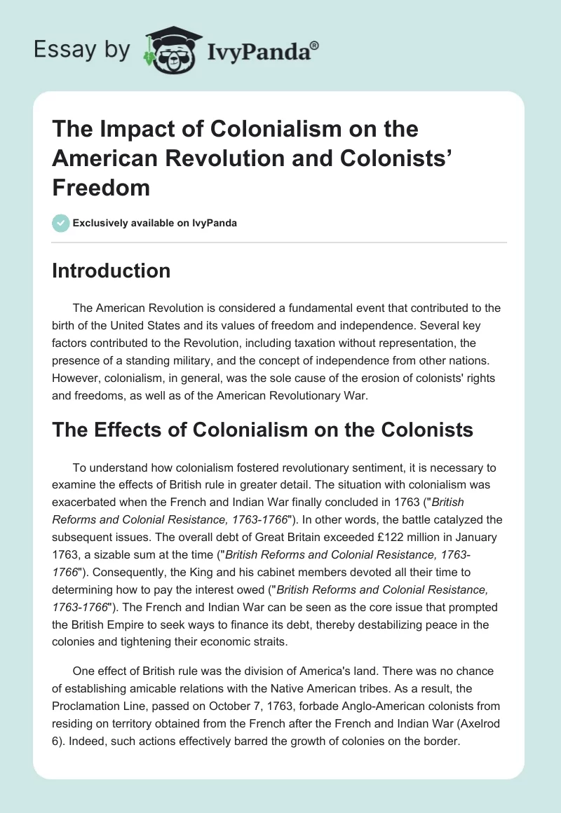 The Impact of Colonialism on the American Revolution and Colonists’ Freedom. Page 1