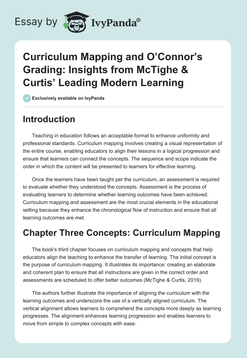 Curriculum Mapping and O’Connor’s Grading: Insights from McTighe & Curtis’ Leading Modern Learning. Page 1
