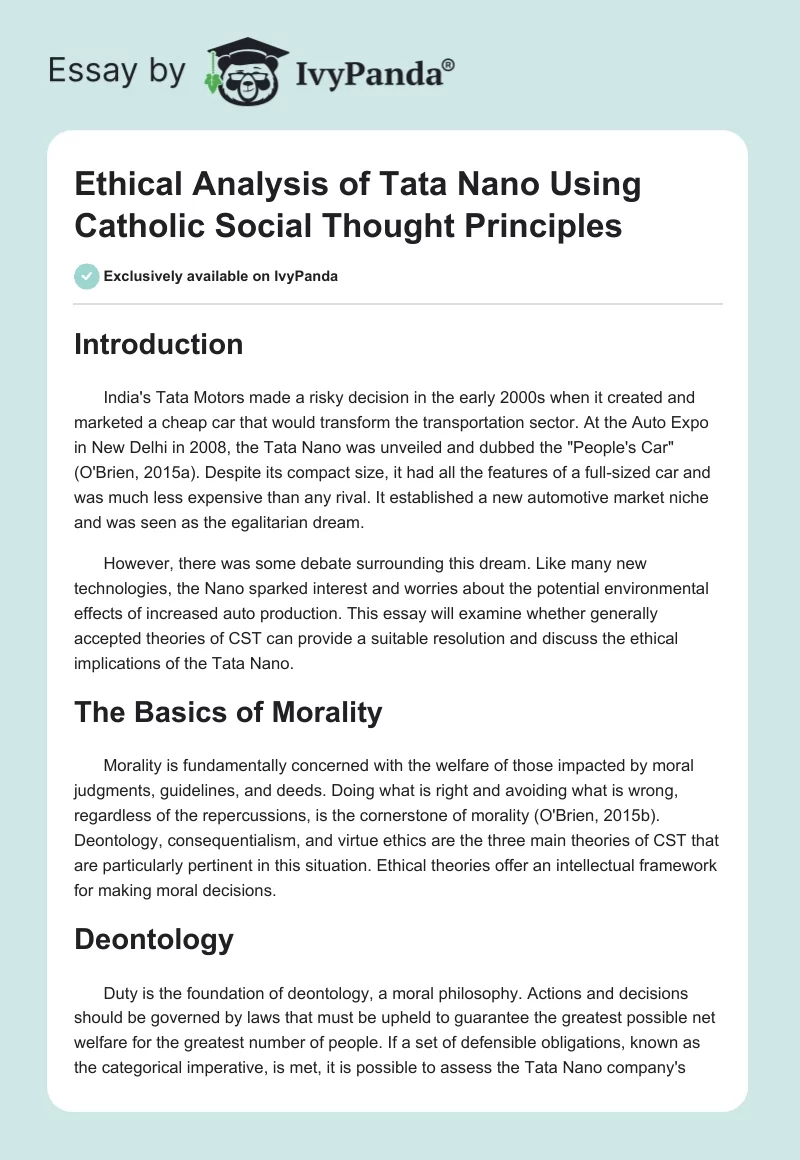 Ethical Analysis of Tata Nano Using Catholic Social Thought Principles. Page 1