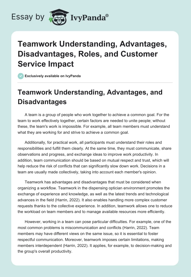 Teamwork Understanding, Advantages, Disadvantages, Roles, and Customer Service Impact. Page 1