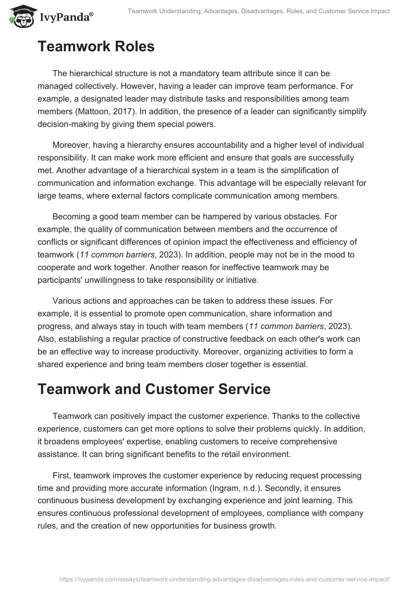 Teamwork Understanding, Advantages, Disadvantages, Roles, and Customer Service Impact. Page 2