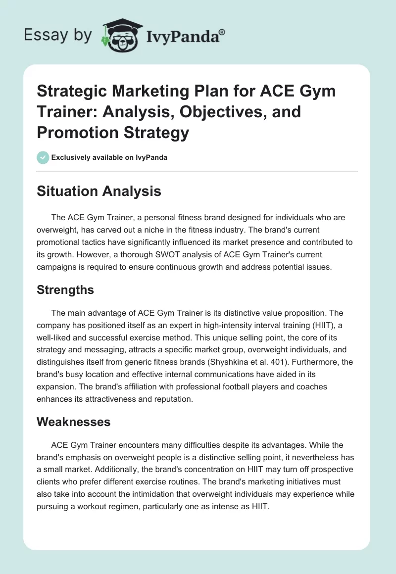 Strategic Marketing Plan for ACE Gym Trainer: Analysis, Objectives, and Promotion Strategy. Page 1