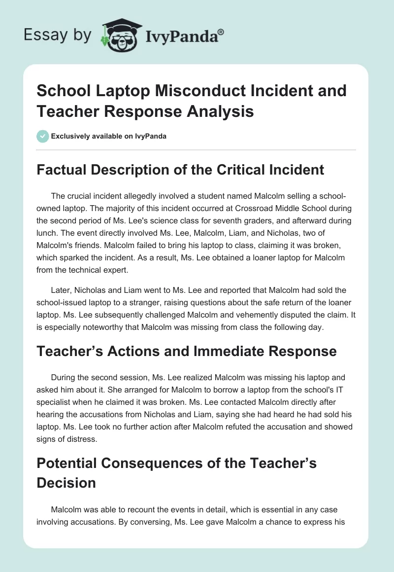 School Laptop Misconduct Incident and Teacher Response Analysis. Page 1