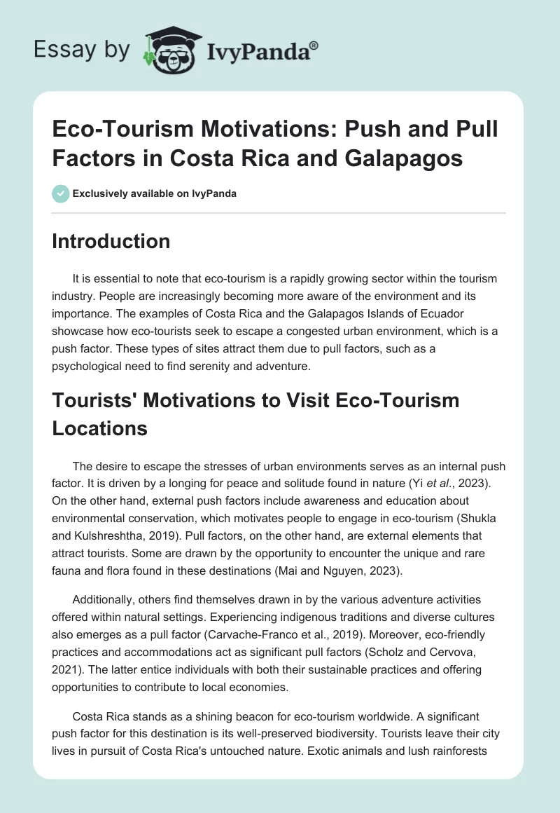 Eco-Tourism Motivations: Push and Pull Factors in Costa Rica and Galapagos. Page 1