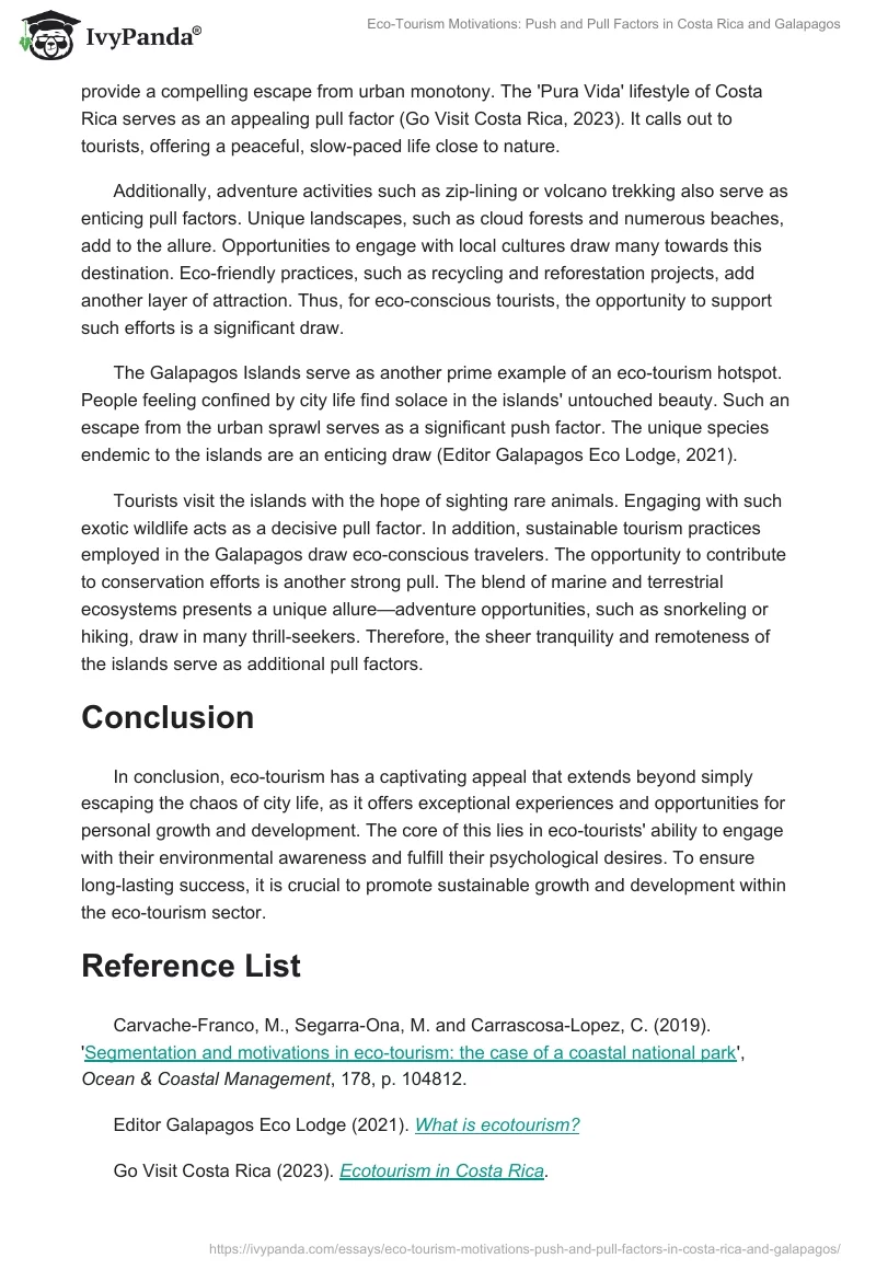 Eco-Tourism Motivations: Push and Pull Factors in Costa Rica and Galapagos. Page 2
