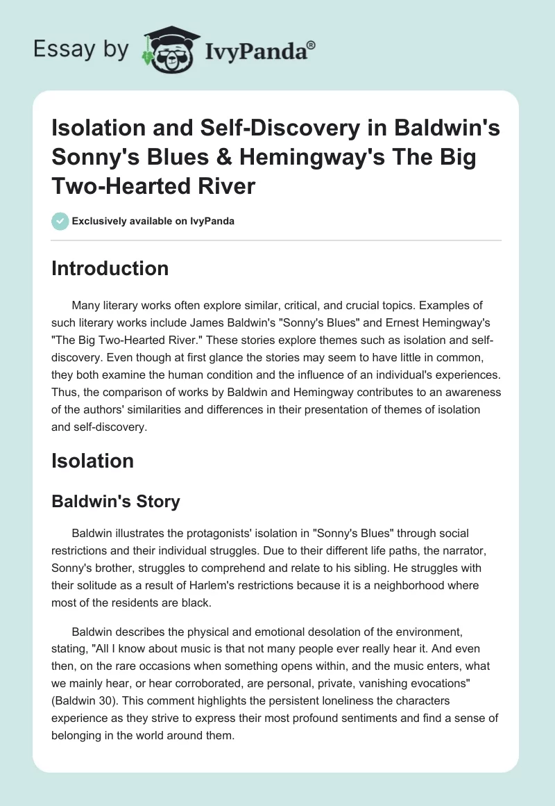 Isolation and Self-Discovery in Baldwin's "Sonny's Blues" & Hemingway's "The Big Two-Hearted River". Page 1