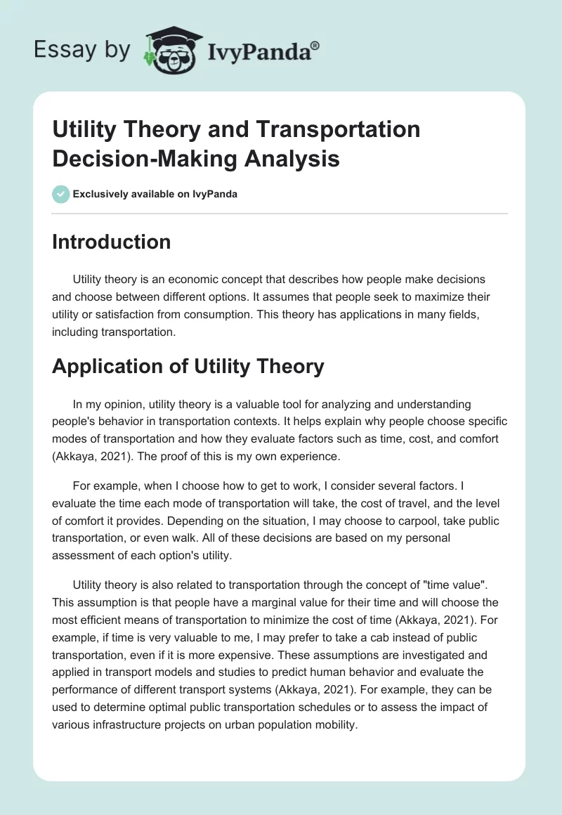 Utility Theory and Transportation Decision-Making Analysis. Page 1