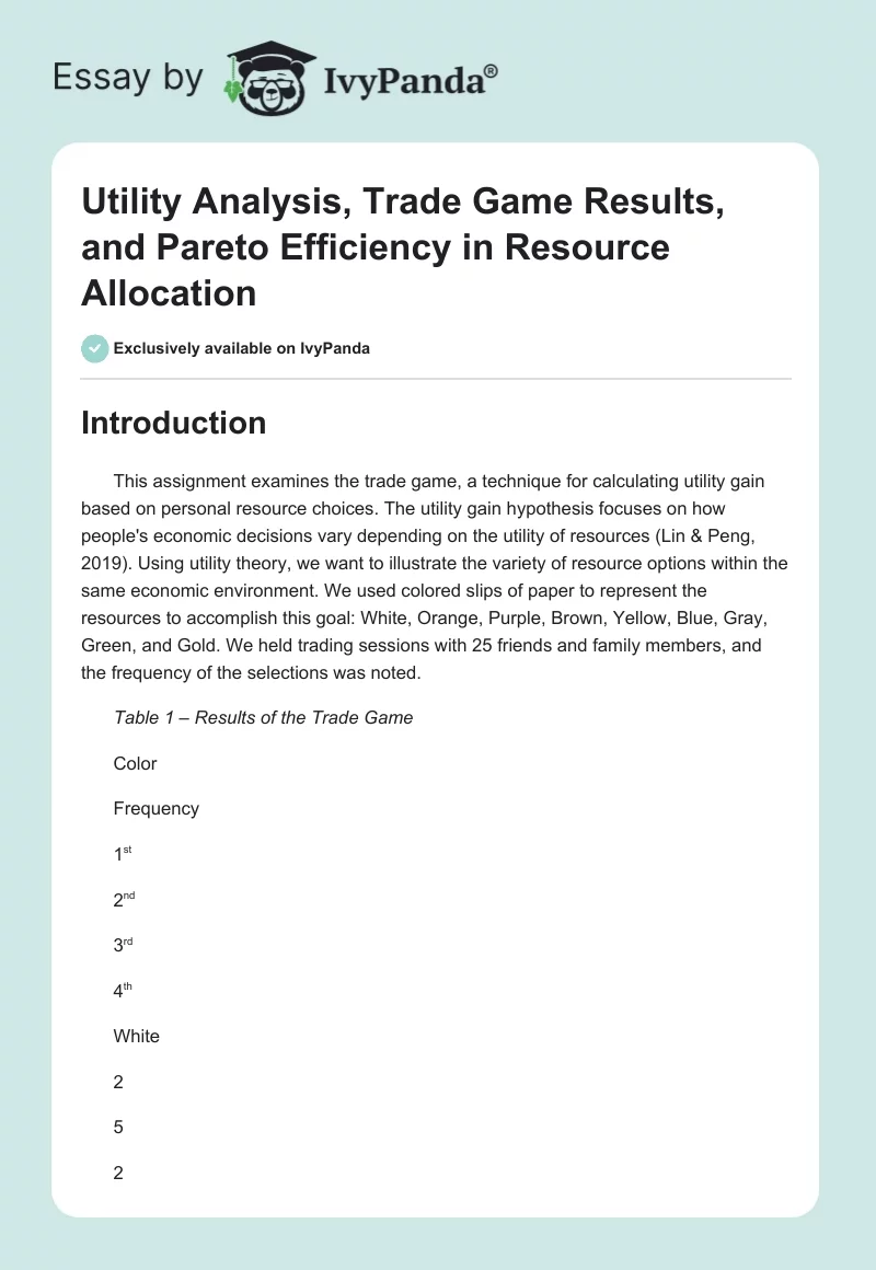 Utility Analysis, Trade Game Results, and Pareto Efficiency in Resource Allocation. Page 1