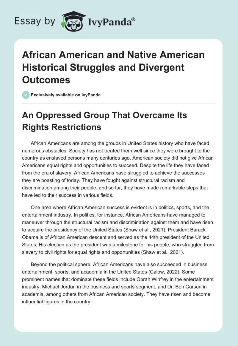 African American and Native American Historical Struggles and Divergent Outcomes. Page 1