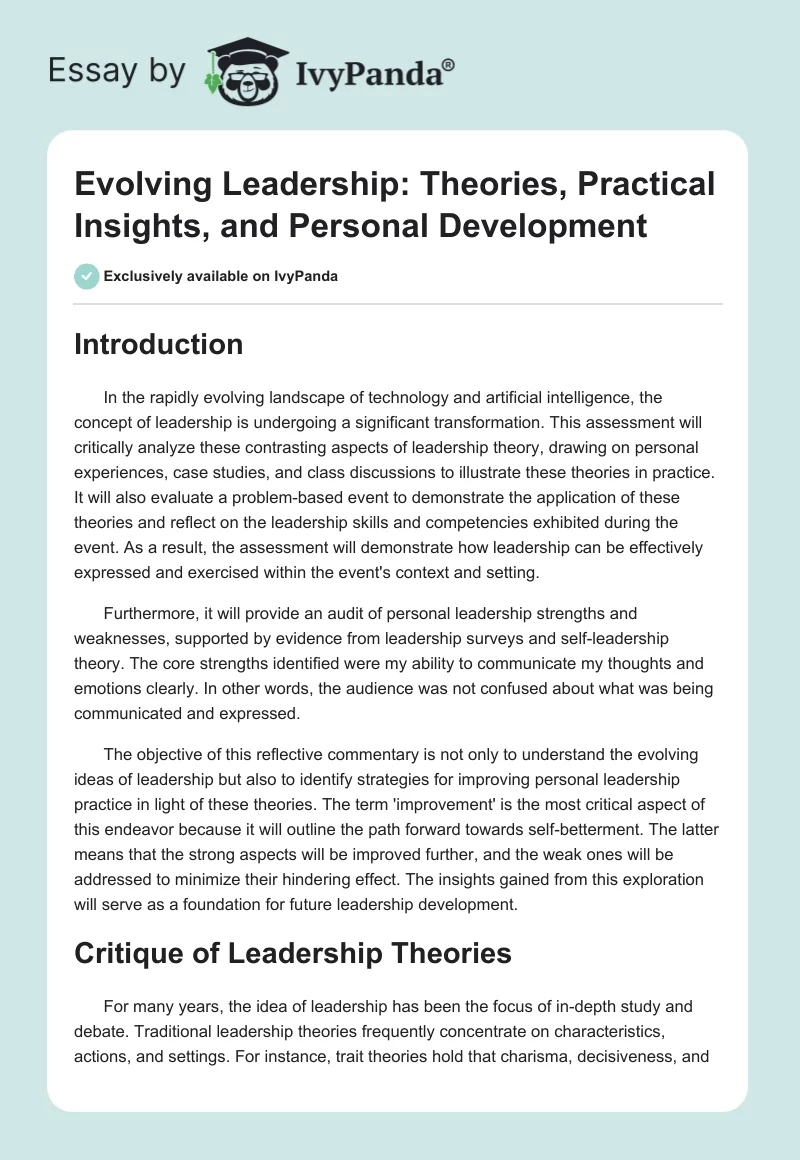 Evolving Leadership: Theories, Practical Insights, and Personal Development. Page 1