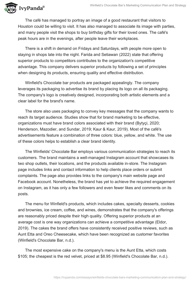 Winfield’s Chocolate Bar’s Marketing Communication Plan and Strategy. Page 2
