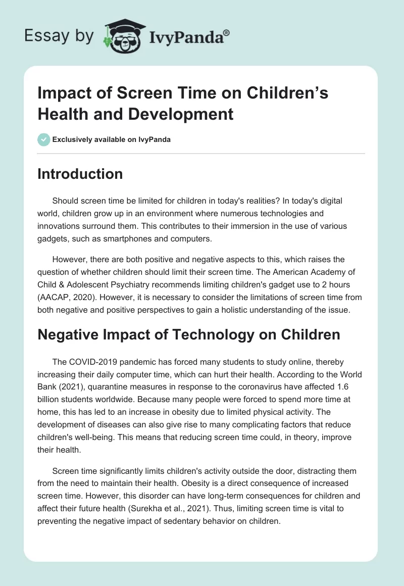 Impact of Screen Time on Children’s Health and Development. Page 1