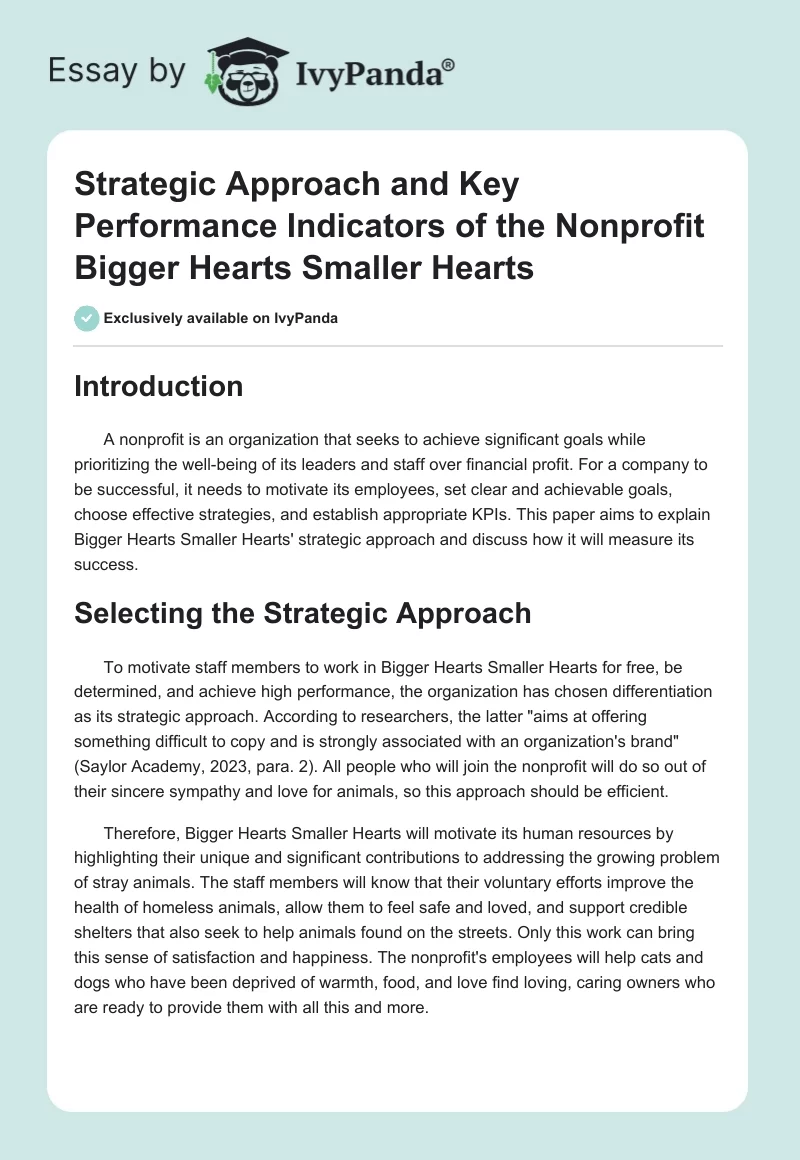 Strategic Approach and Key Performance Indicators of the Nonprofit Bigger Hearts Smaller Hearts. Page 1