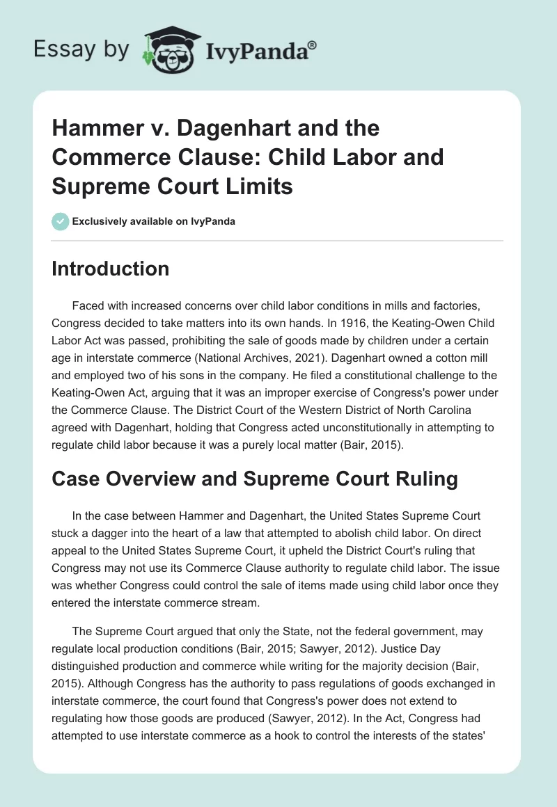Hammer v. Dagenhart and the Commerce Clause: Child Labor and Supreme Court Limits. Page 1