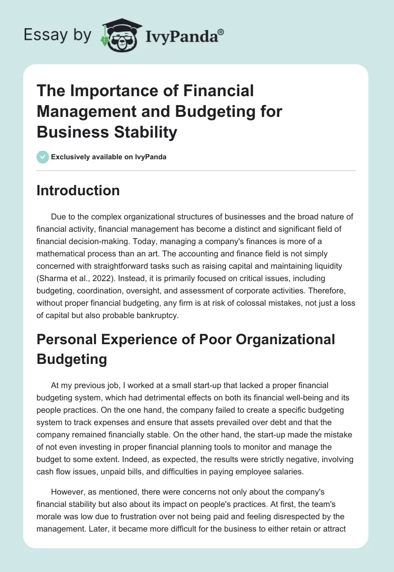 The Importance of Financial Management and Budgeting for Business Stability. Page 1