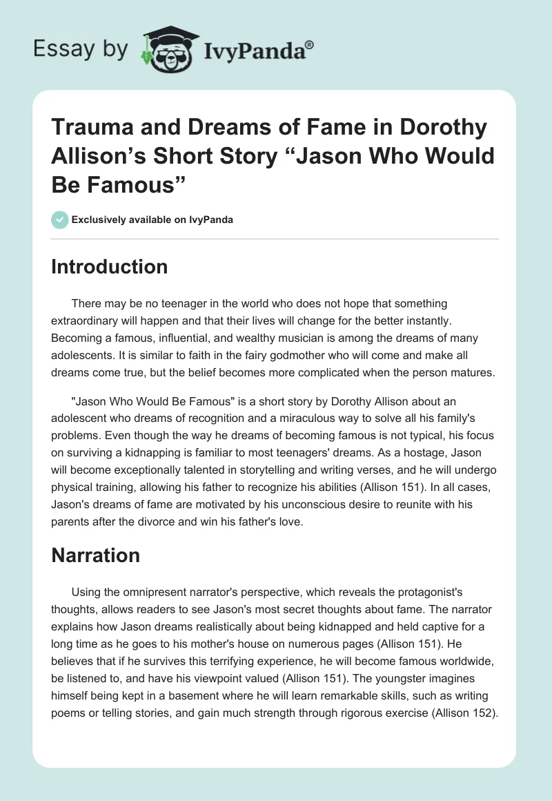 Trauma and Dreams of Fame in Dorothy Allison’s Short Story “Jason Who Would Be Famous”. Page 1