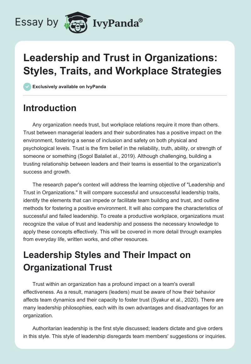 Leadership and Trust in Organizations: Styles, Traits, and Workplace Strategies. Page 1