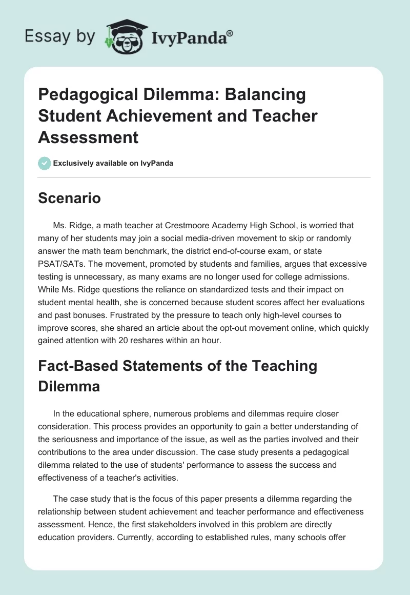 Pedagogical Dilemma: Balancing Student Achievement and Teacher Assessment. Page 1