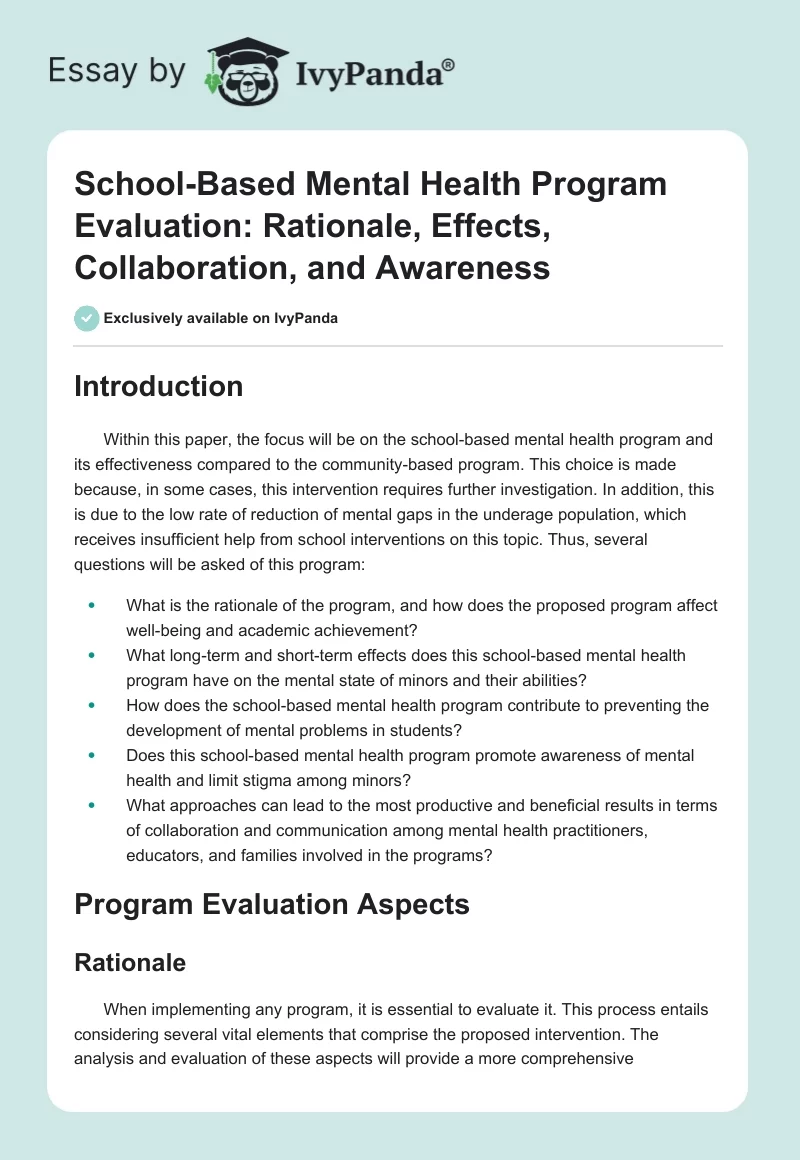 School-Based Mental Health Program Evaluation: Rationale, Effects, Collaboration, and Awareness. Page 1