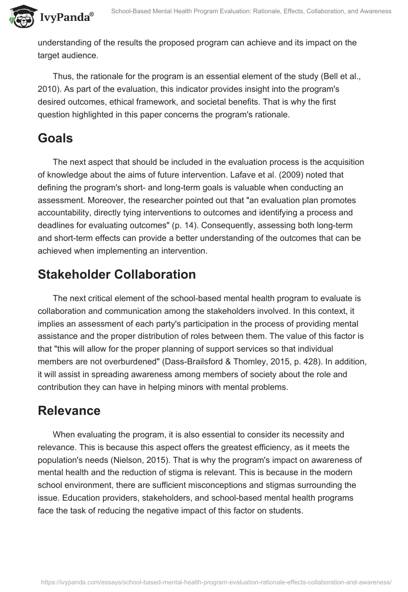 School-Based Mental Health Program Evaluation: Rationale, Effects, Collaboration, and Awareness. Page 2