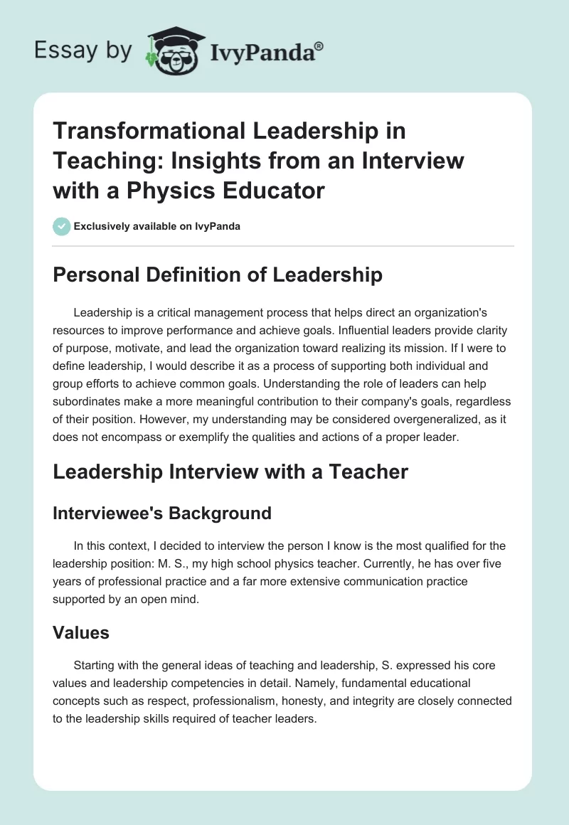 Transformational Leadership in Teaching: Insights from an Interview with a Physics Educator. Page 1