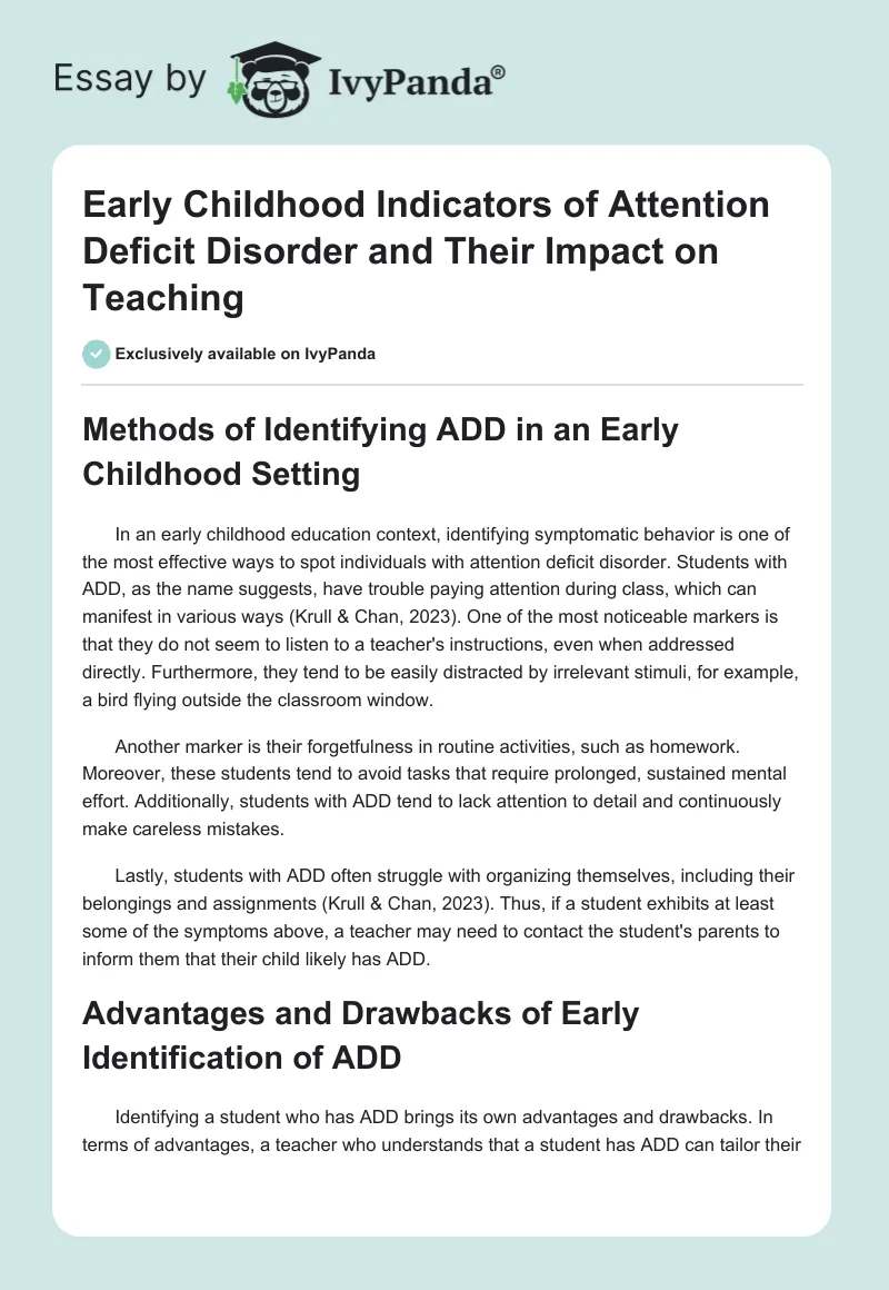 Early Childhood Indicators of Attention Deficit Disorder and Their Impact on Teaching. Page 1