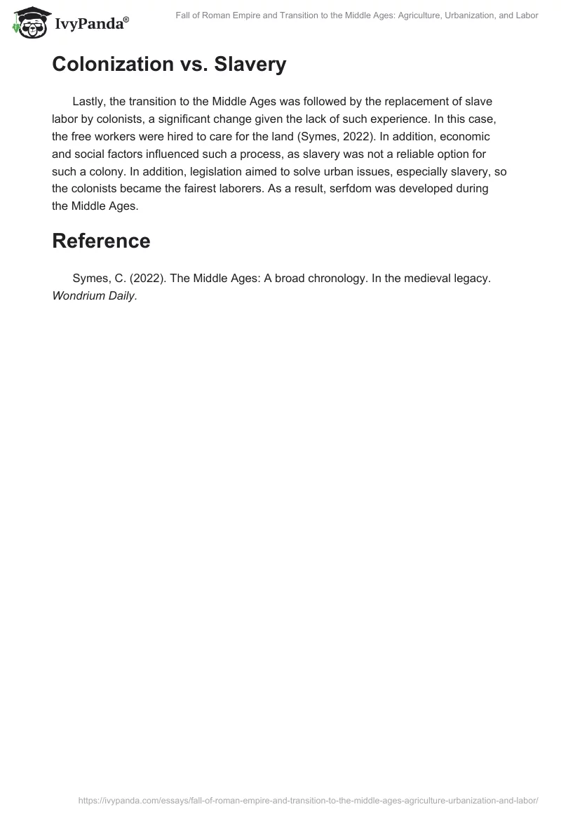 Fall of Roman Empire and Transition to the Middle Ages: Agriculture, Urbanization, and Labor. Page 2