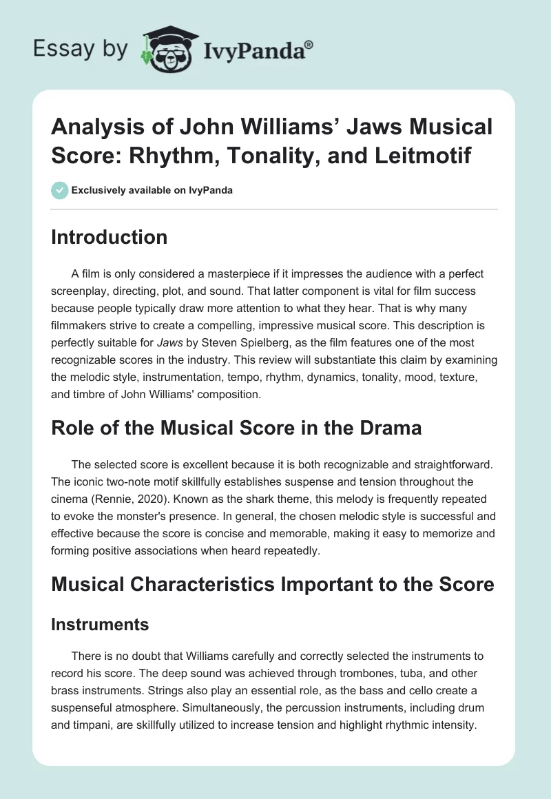 Analysis of John Williams’ Jaws Musical Score: Rhythm, Tonality, and Leitmotif. Page 1
