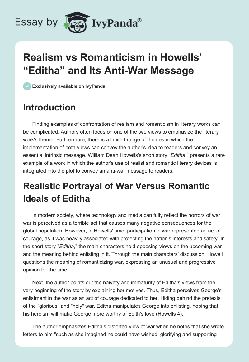 Realism vs Romanticism in Howells’ “Editha” and Its Anti-War Message. Page 1
