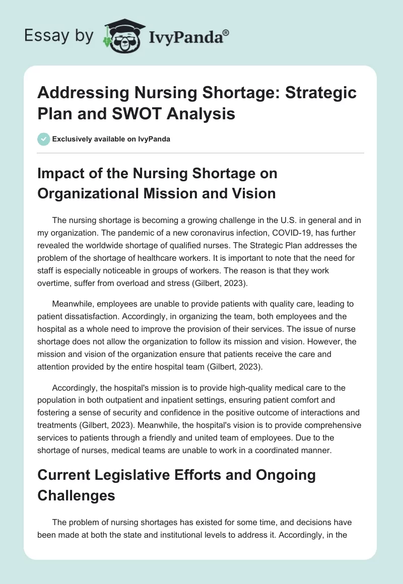 Addressing Nursing Shortage: Strategic Plan and SWOT Analysis. Page 1